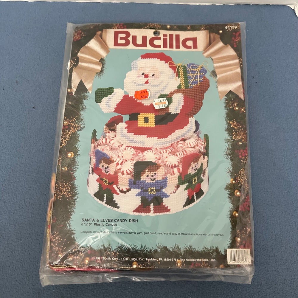 Vintage 1991 Bucilla Santa & Elves Candy Dish Plastic Canvas Kit 61139 Christmas